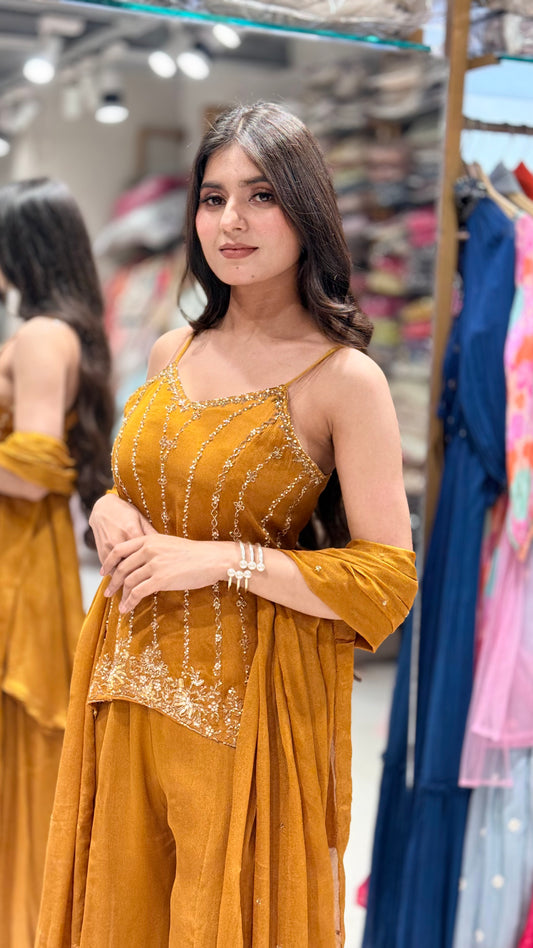 Mustard yellow step indowestern dress
