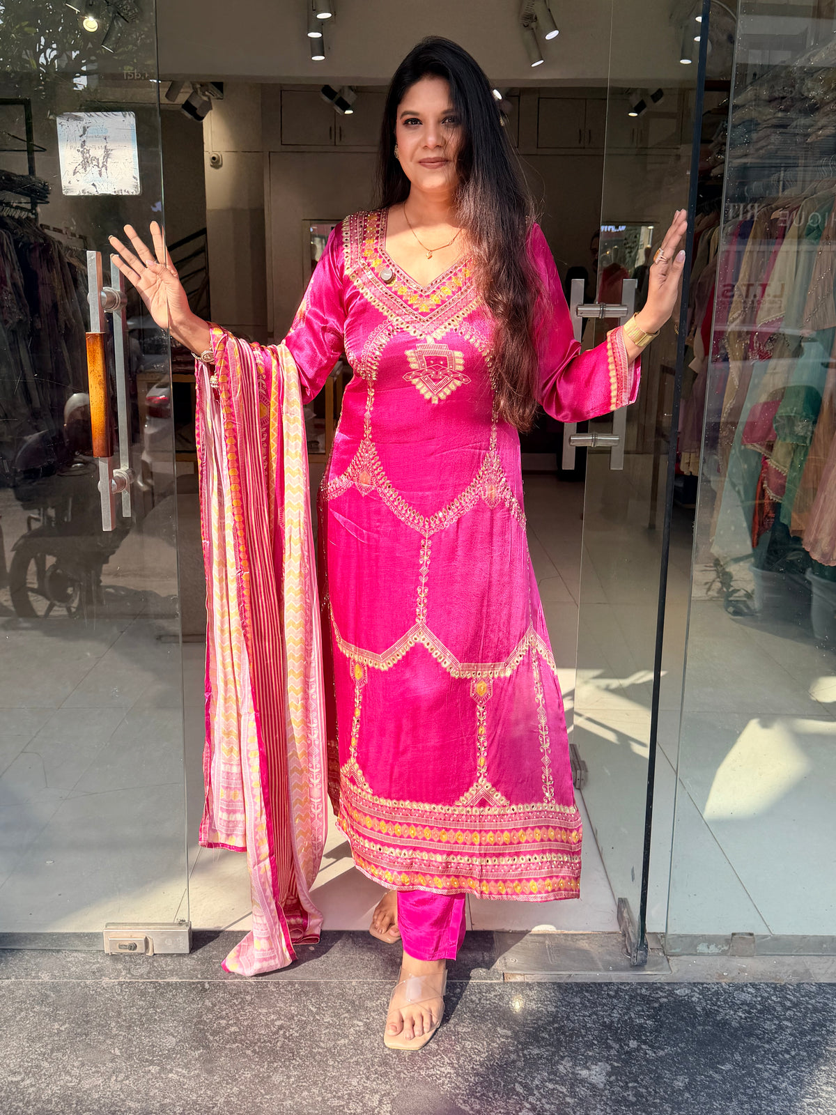 Mahira Pink satin silk mirror work suit