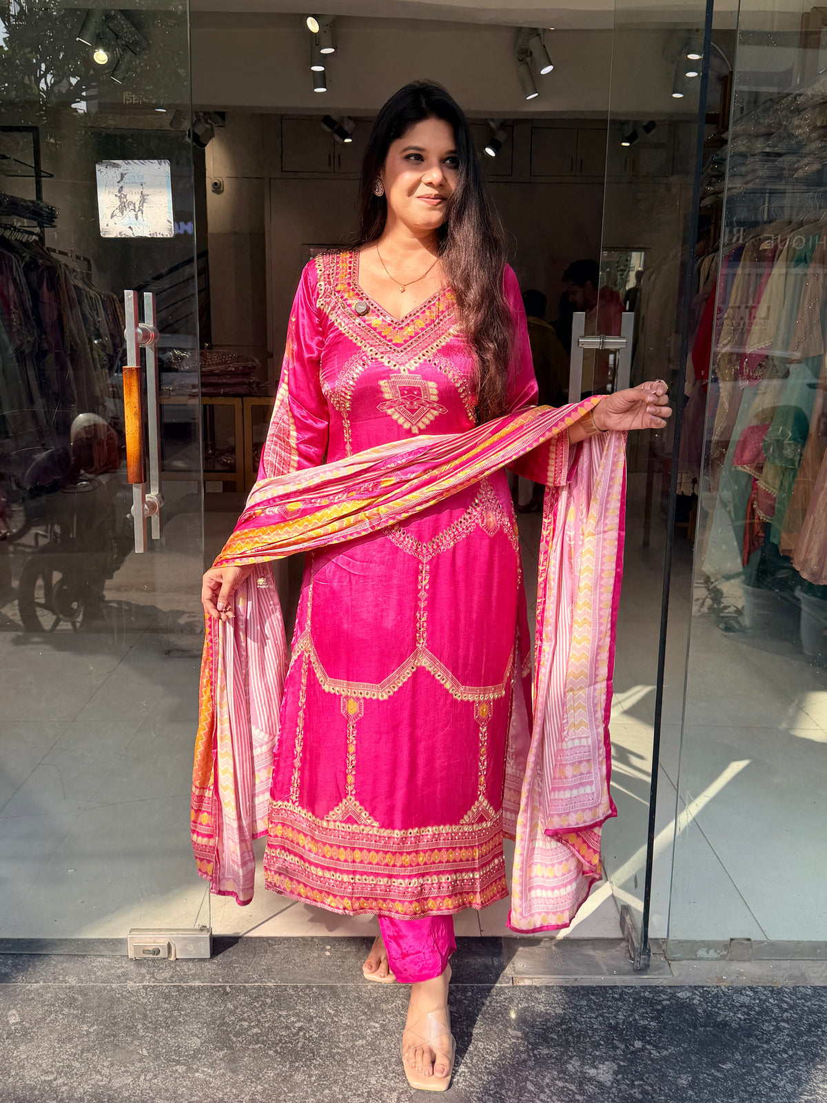Mahira Pink satin silk mirror work suit