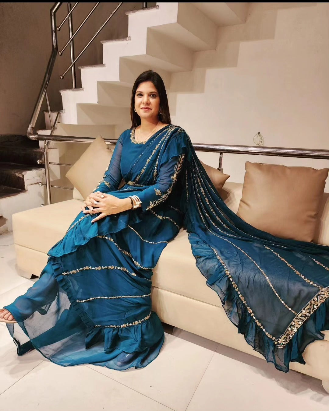 PARAM SUNDARI TEAL BLUE DRAPE SAREE