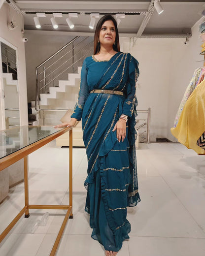 PARAM SUNDARI TEAL BLUE DRAPE SAREE