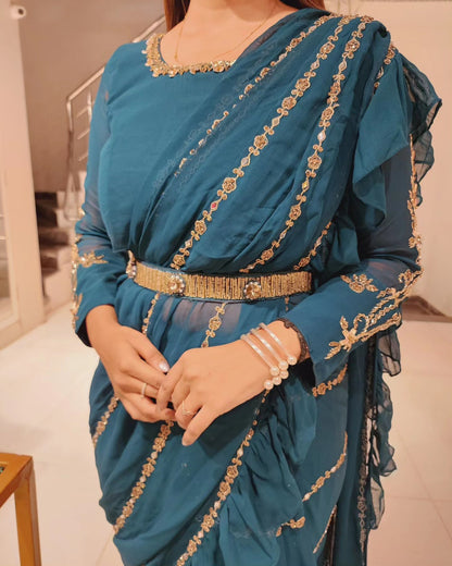 PARAM SUNDARI TEAL BLUE DRAPE SAREE