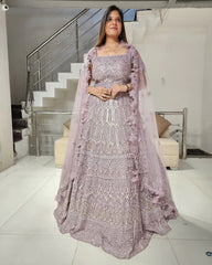 SAADGI ONION PINK FLARED GOWN WITH FEATHER DUPATTA