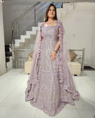 SAADGI ONION PINK FLARED GOWN WITH FEATHER DUPATTA