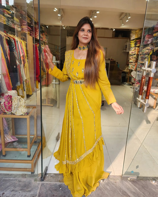 Mustard drape maxi with necklace and belt
