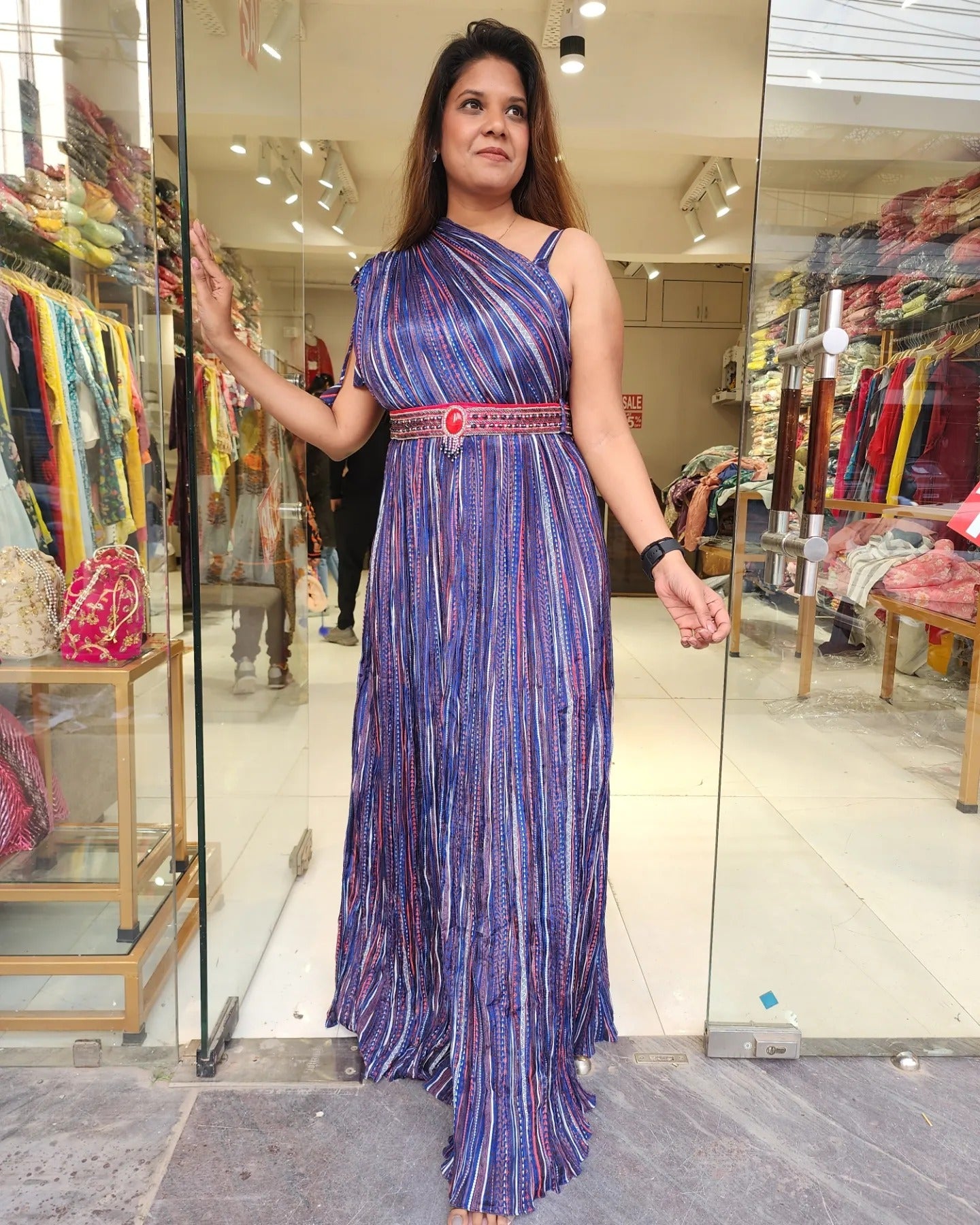 BLUE ONE SIDE STEP STRPE MAXI WITH BELT