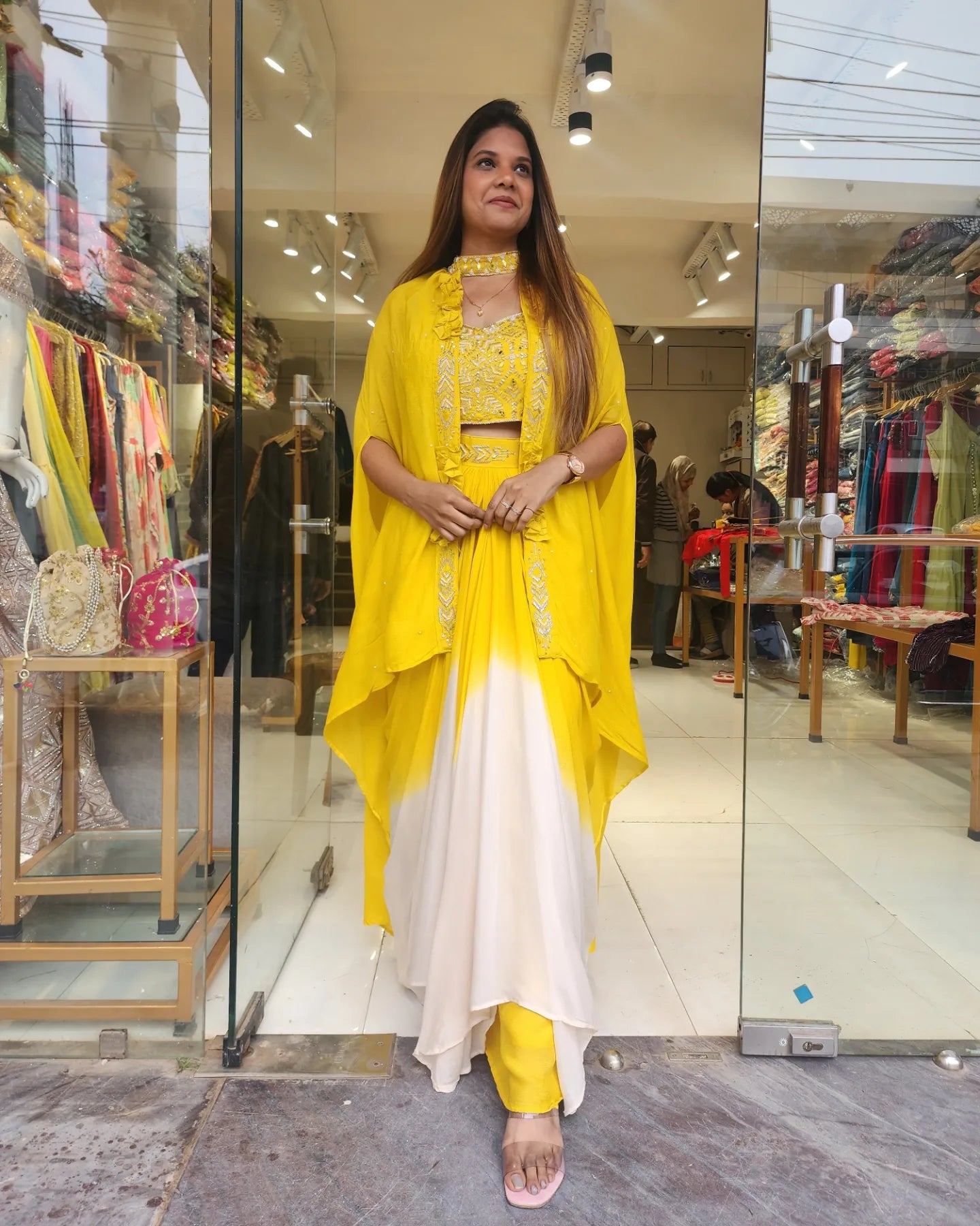 YELLOW CHOCKER JACKET DRAPE SAREE