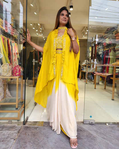 YELLOW CHOCKER JACKET DRAPE SAREE