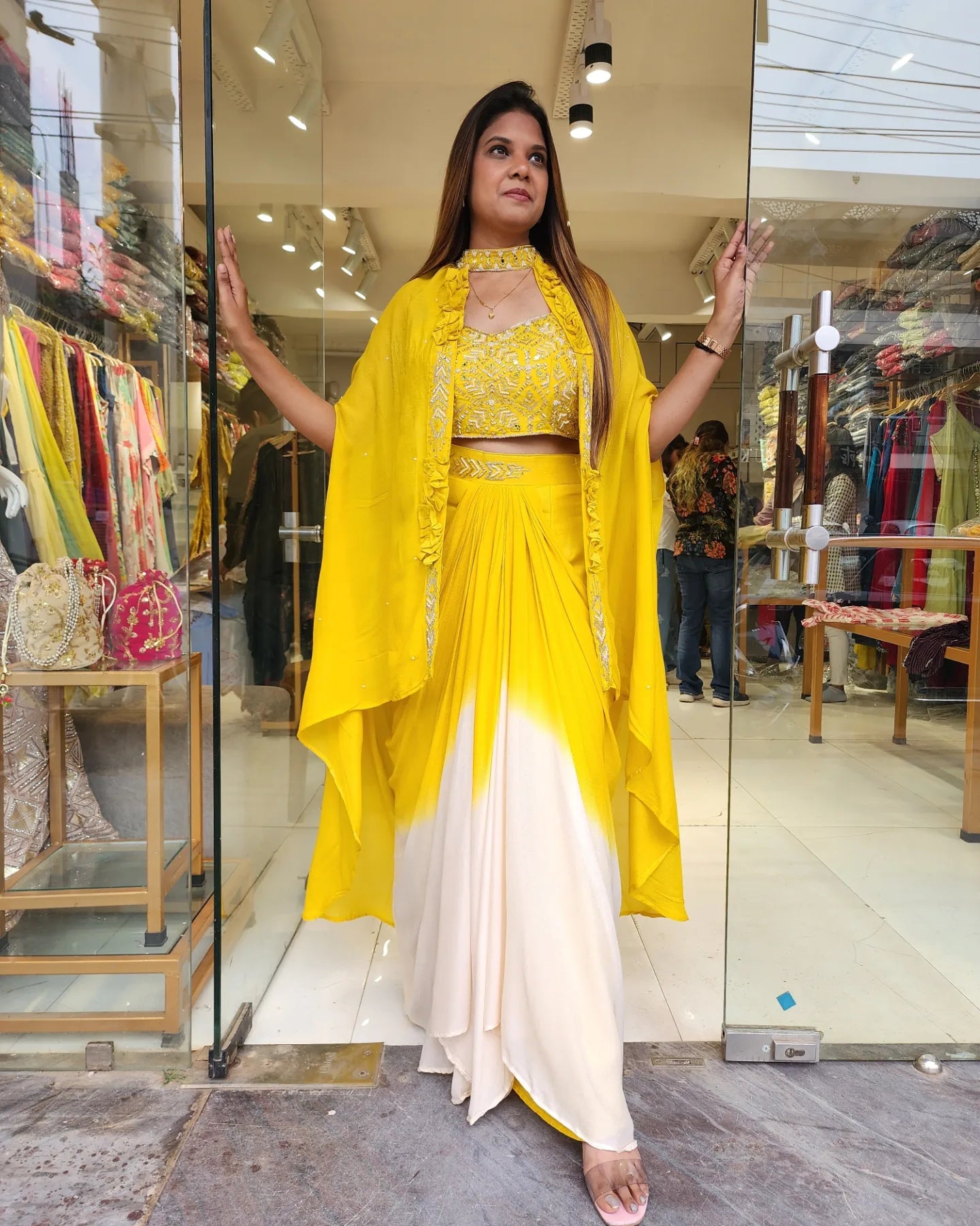 YELLOW CHOCKER JACKET DRAPE SAREE