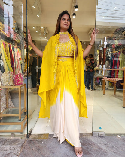 YELLOW CHOCKER JACKET DRAPE SAREE