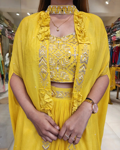 YELLOW CHOCKER JACKET DRAPE SAREE