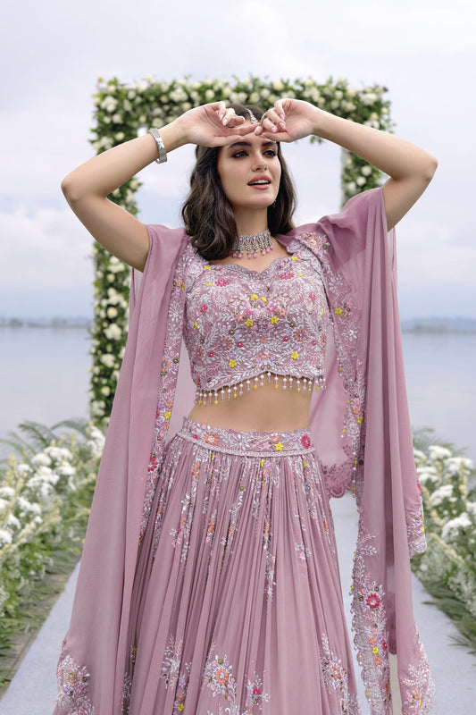 Lilac Embroided cape lehenga