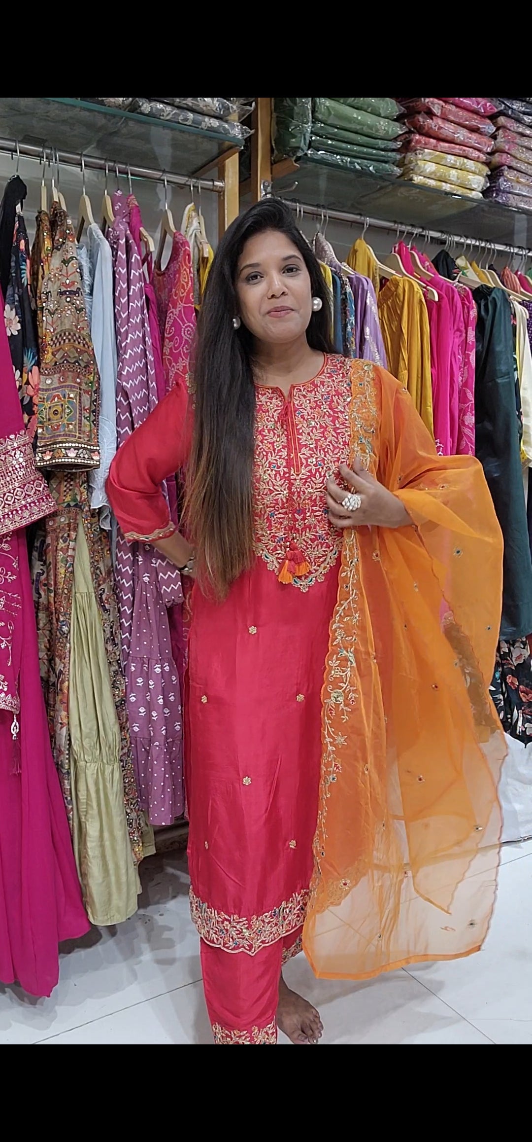 Tomato red Embroided straight cut suit with orange dupatta