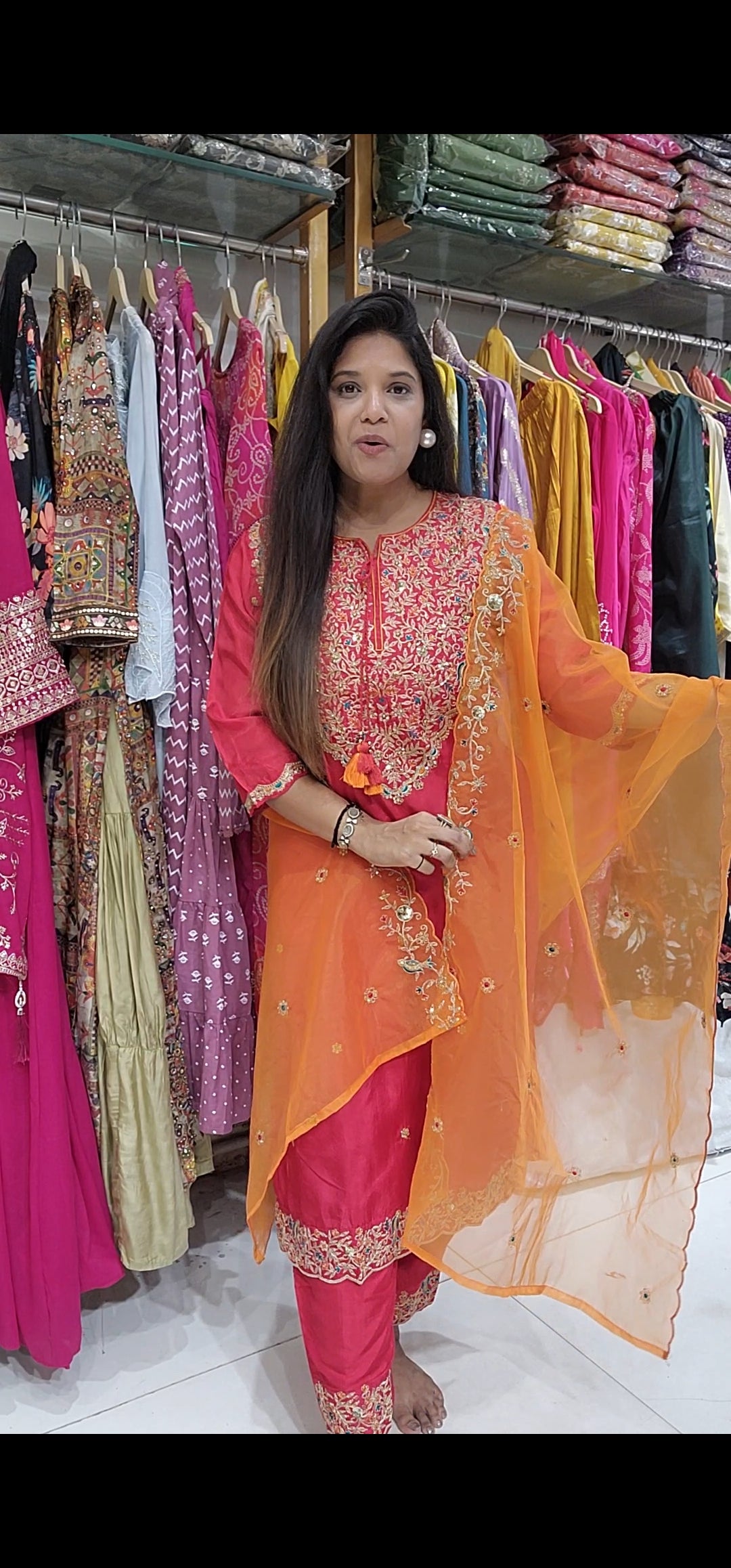 Tomato red Embroided straight cut suit with orange dupatta