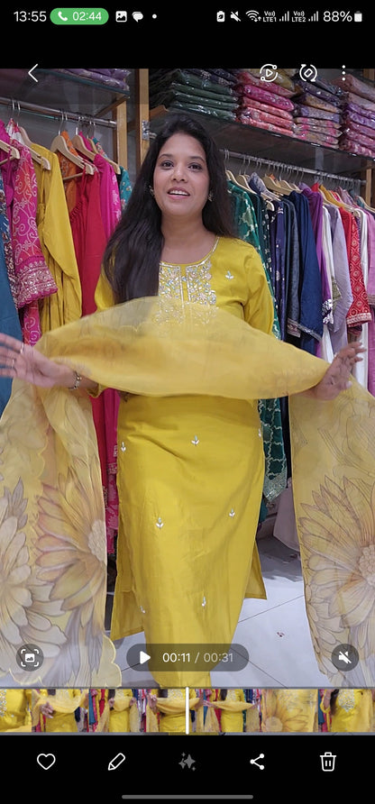 Yellow straight cut suit with printed organza dupatta