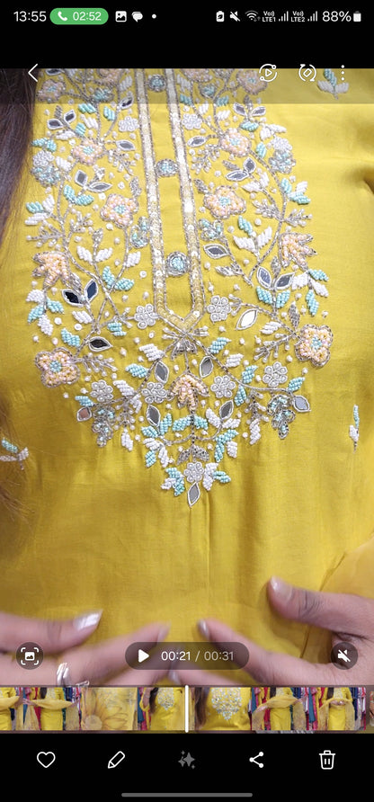 Yellow straight cut suit with printed organza dupatta