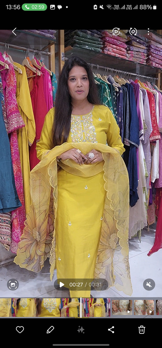 Yellow straight cut suit with printed organza dupatta