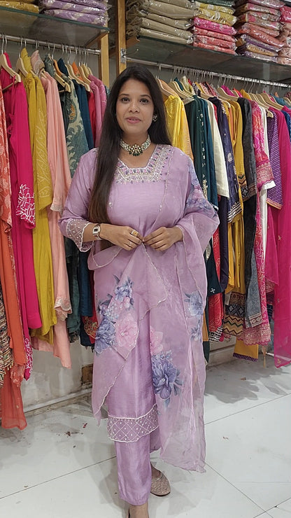 Lilac glass neck Embroided straight suit with floral dupatta