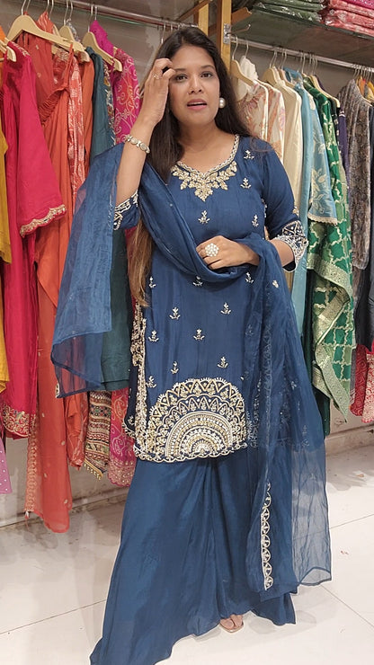 Turquoise blue embellished sharara suit