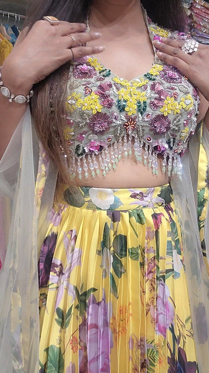 Sundowner Yellow floral designer pleated lehenga