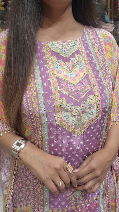 Purple digital print kaftan with tulip pant