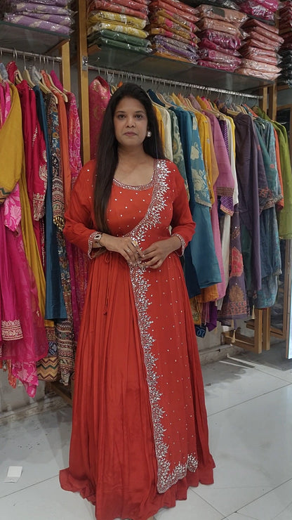 Rust orange angrakha Kundan work maxi gown