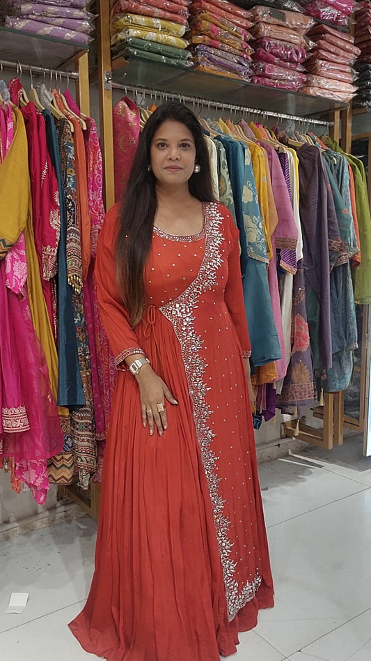 Rust orange angrakha Kundan work maxi gown