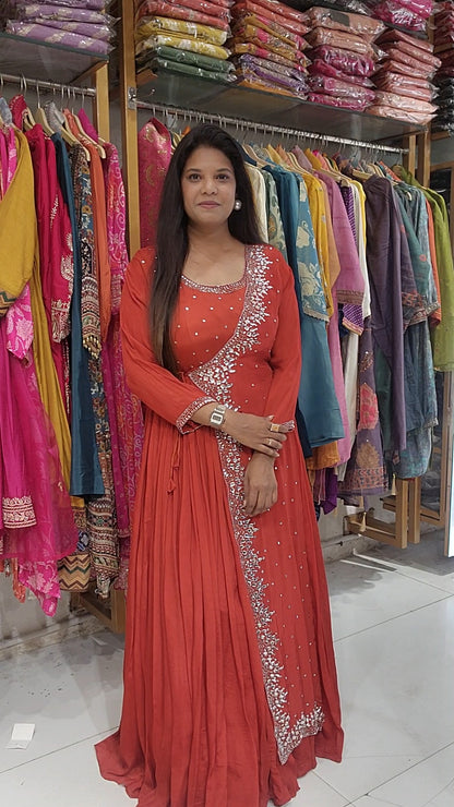 Rust orange angrakha Kundan work maxi gown