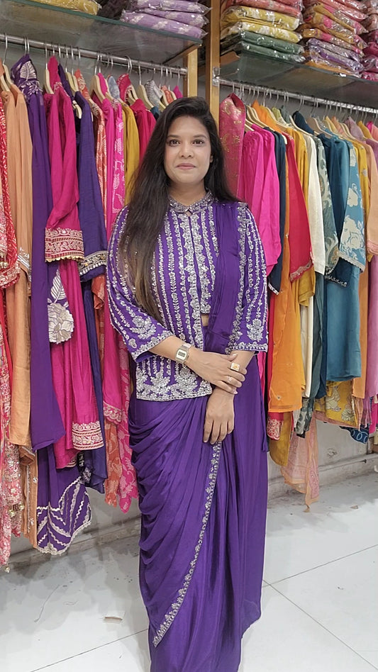 Madhuri purple high low drape saree