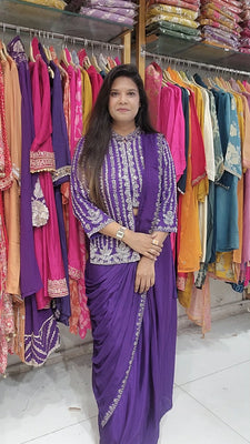 Madhuri purple high low drape saree