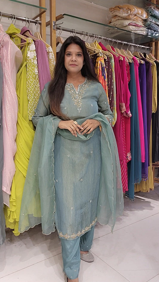 Pastel blue Crush tissue straight suit