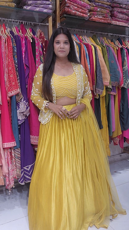 Yellow 3pc shirt jacket lehenga set