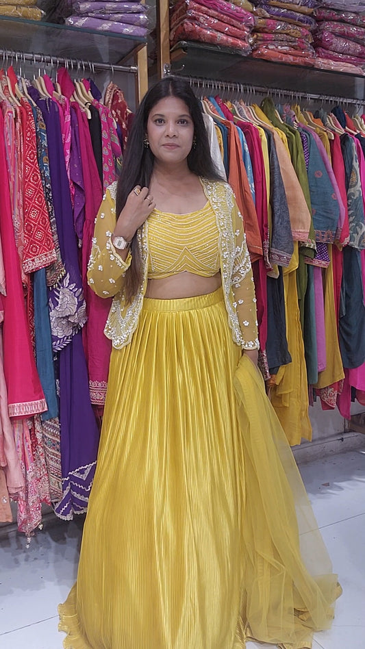 Yellow 3pc shirt jacket lehenga set