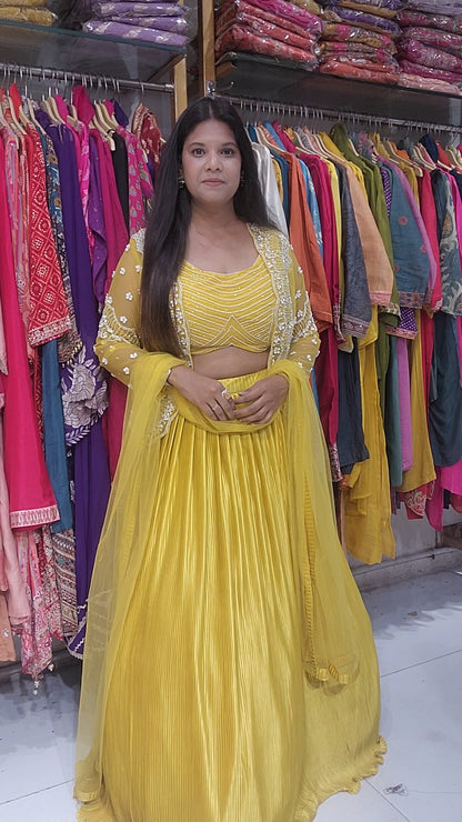 Yellow 3pc shirt jacket lehenga set
