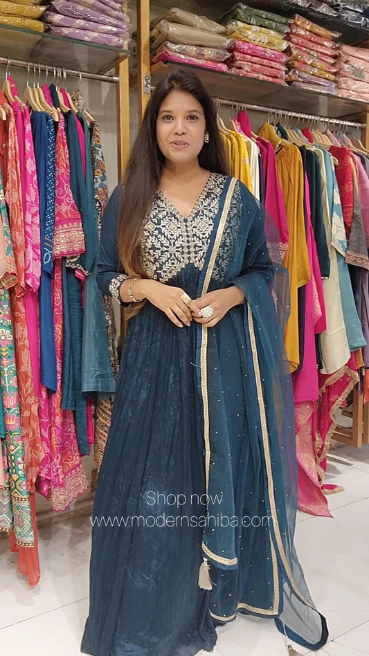 Teal blue Embroided maxi gown