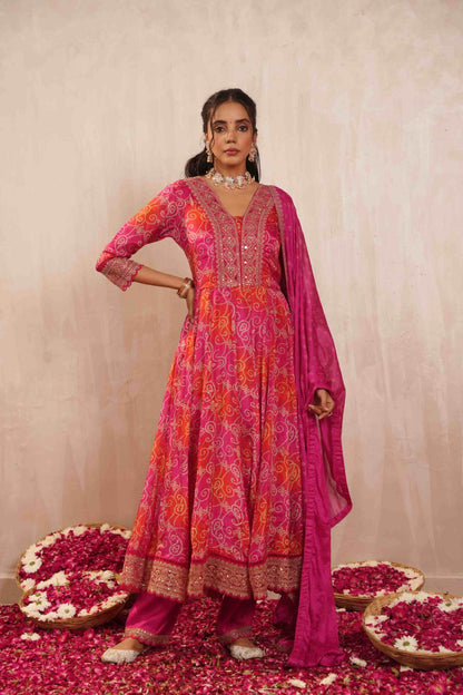 Pink bandhani print crepe maxi suit