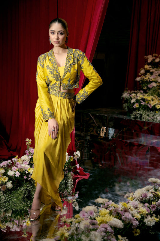 Golden yellow Embroided 3pc indowestern cowl dress