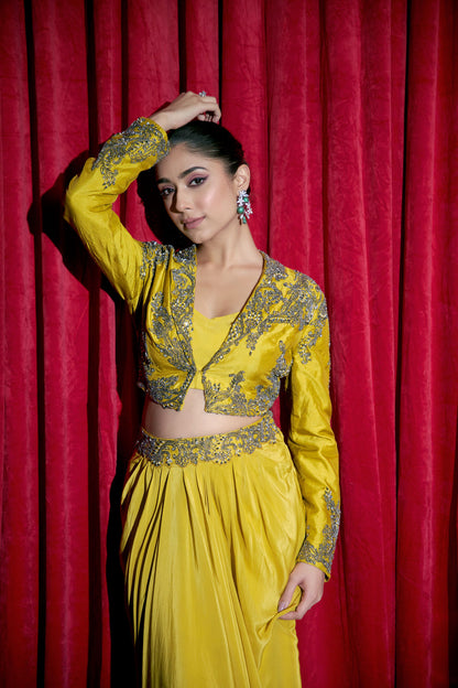 Golden yellow Embroided 3pc indowestern cowl dress