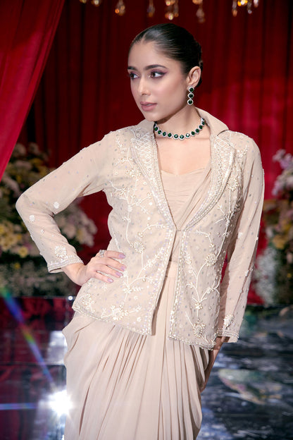 Beige embellished drape saree with jacket and crop