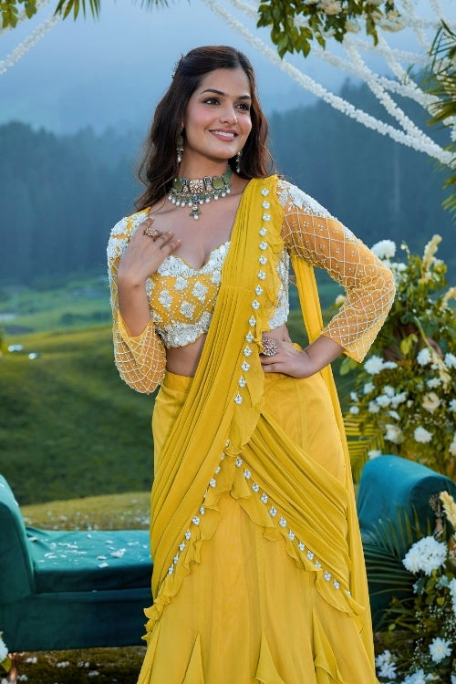 Yellow drape fishcut saree