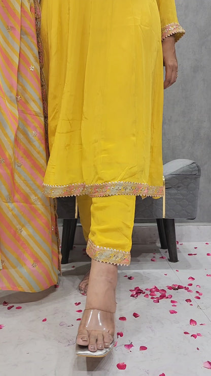 SHEHNAZ MANGO YELLOW ANARKALI SUIT WITH LEHERIYA DUPATTA