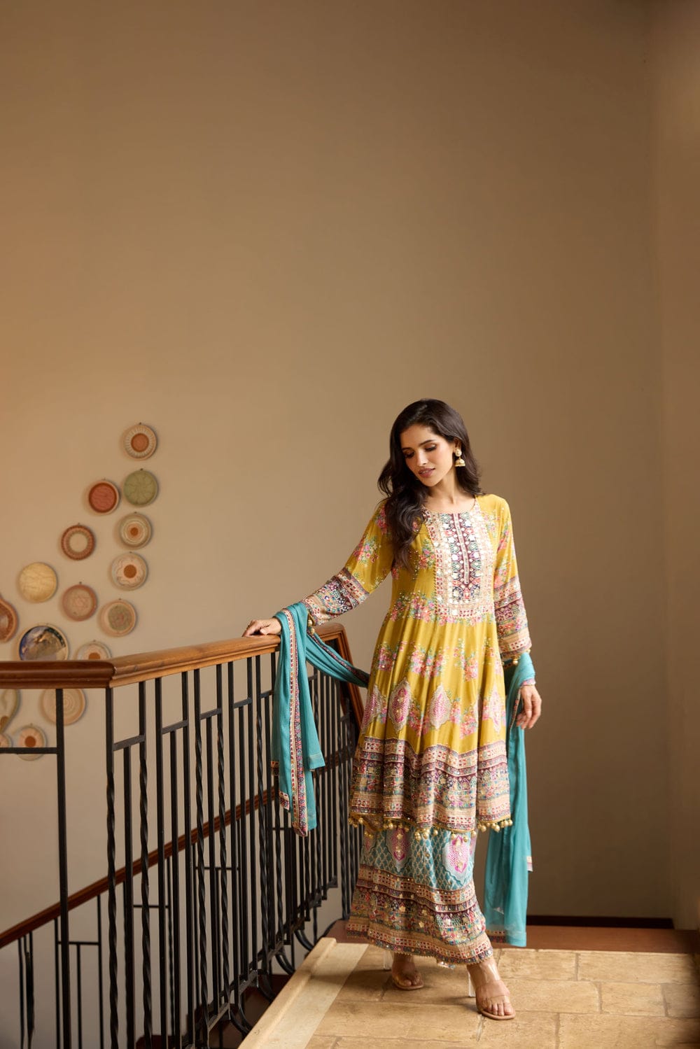 Yellow and blue digital print sharara suit