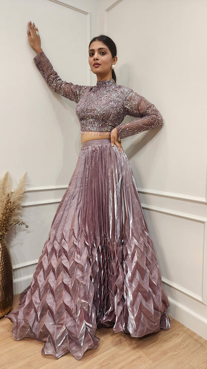 Meghna Mauve embellished jimmy choo pleated lehenga