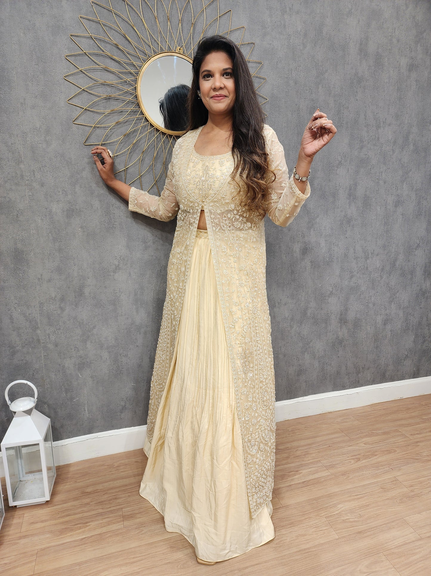 Aishwarya 3pc almond indowestern centre slit jacket dress