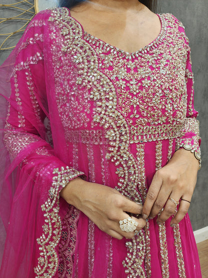 Mannat pink long anarkali with skirt indowestern suit