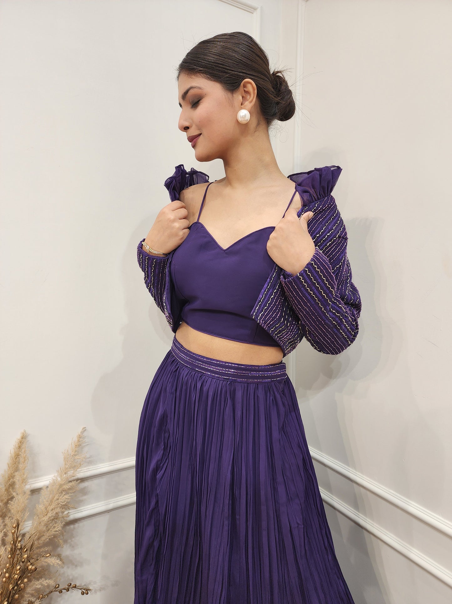 Purple 3pc short jacket indowestern dress