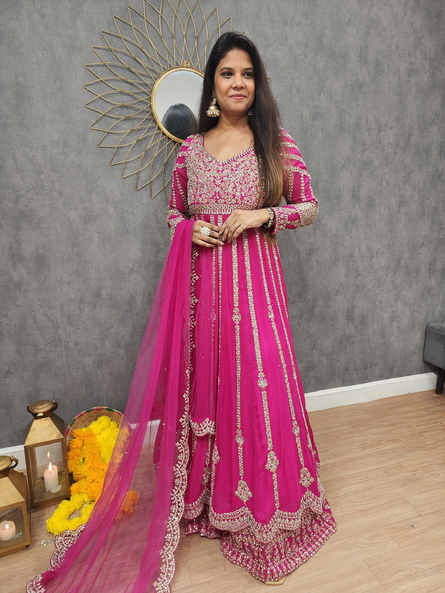 Mannat pink long anarkali with skirt indowestern suit