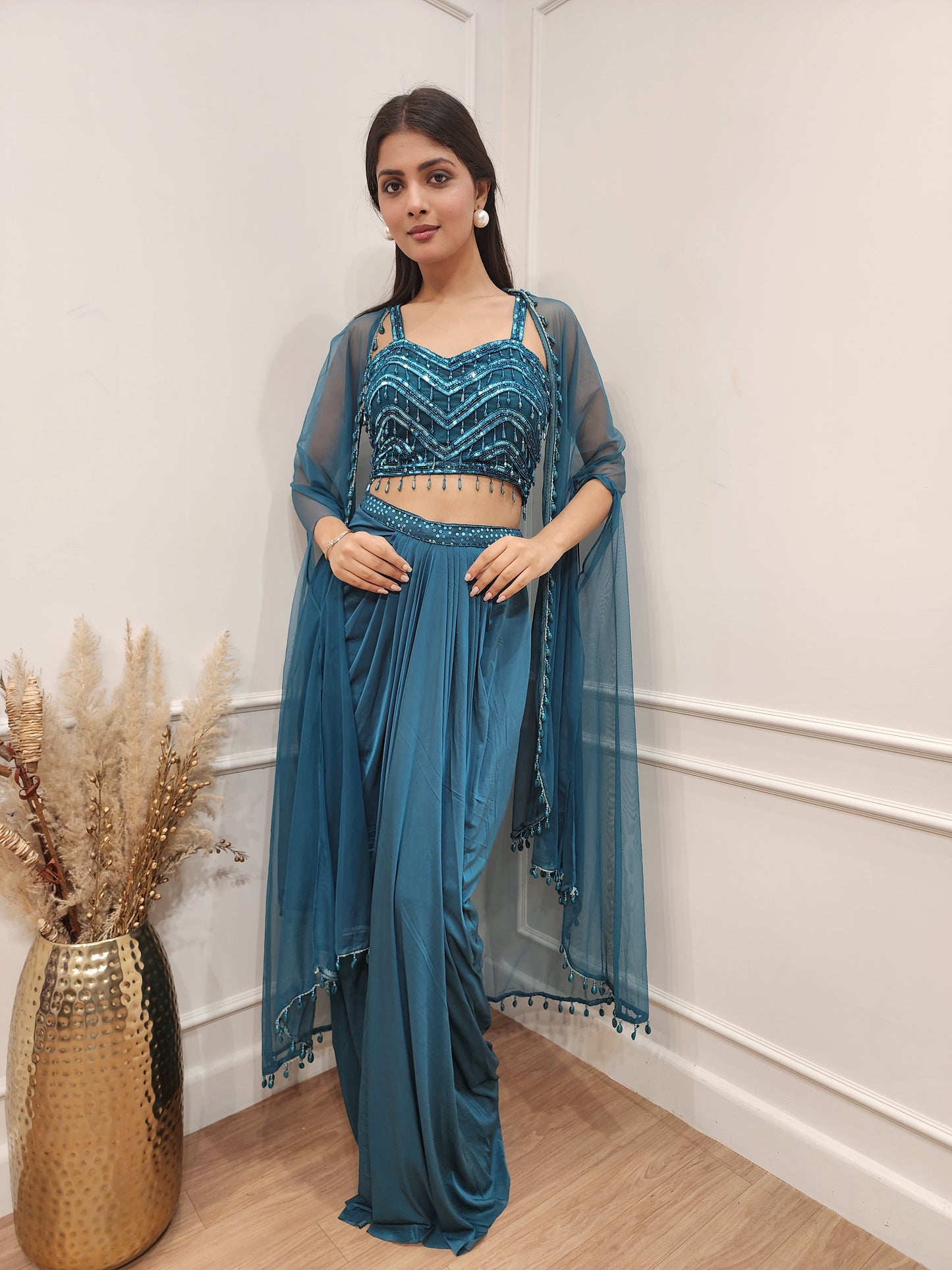 Dilbara green 3pc indowestern cape dress