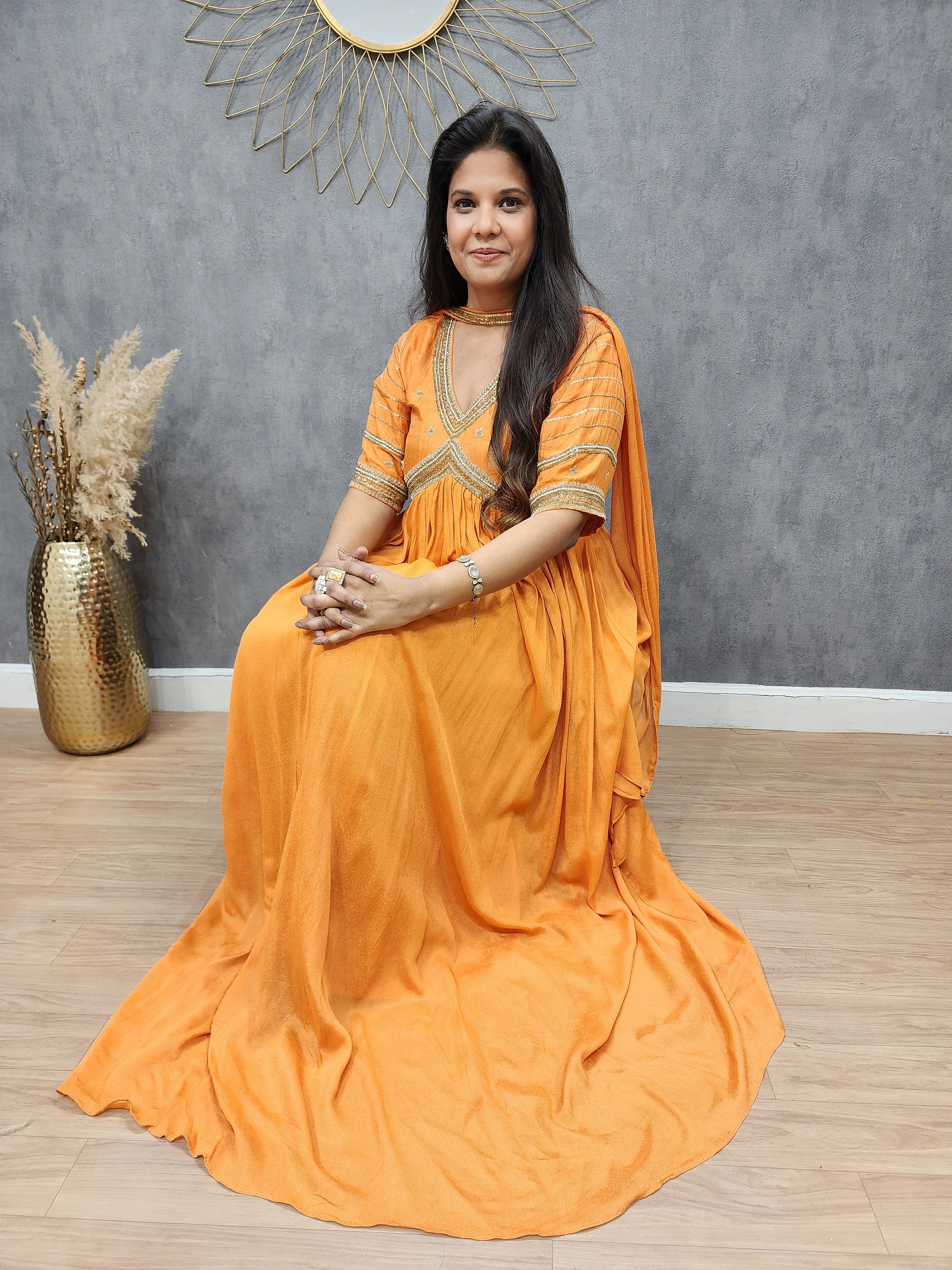 Orange alia cut maxi gown with choker dupatta - S Orange alia cut maxi gown with choker dupatta - S