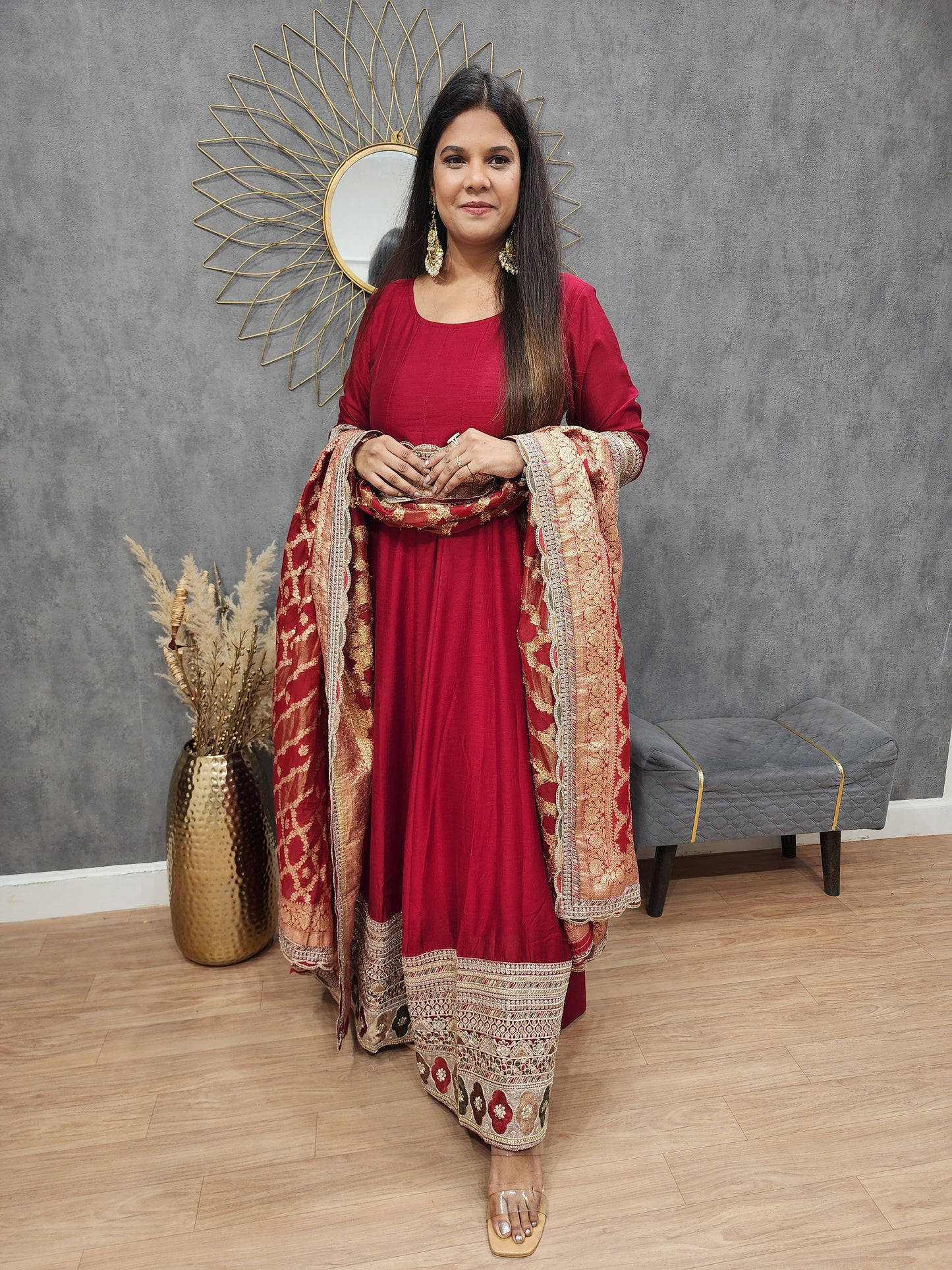 Dark maroon anarkali border suit with weaving dupatta